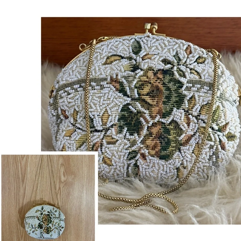 Vintage Handmade Beaded Floral Evening Satchel Bag with Gold Chain Strap